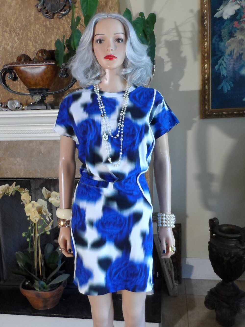 Kenzo Blue Rose Abstract Print Cotton Sheath Dress Size - M